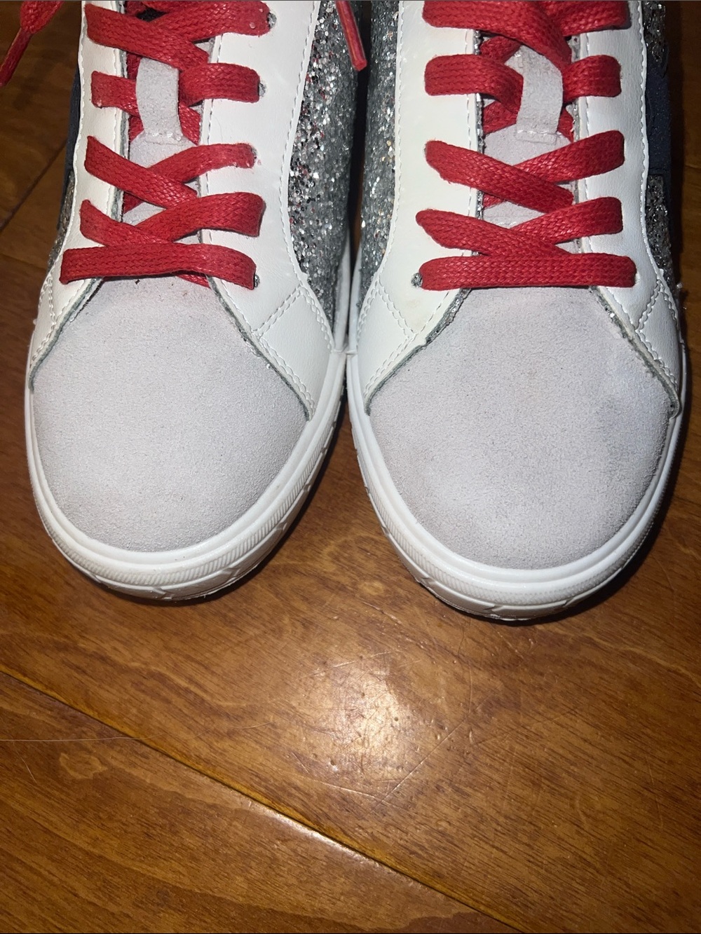Women’s White Sneakers with Silver Glitter & Red Laces - Picture 4 of 6